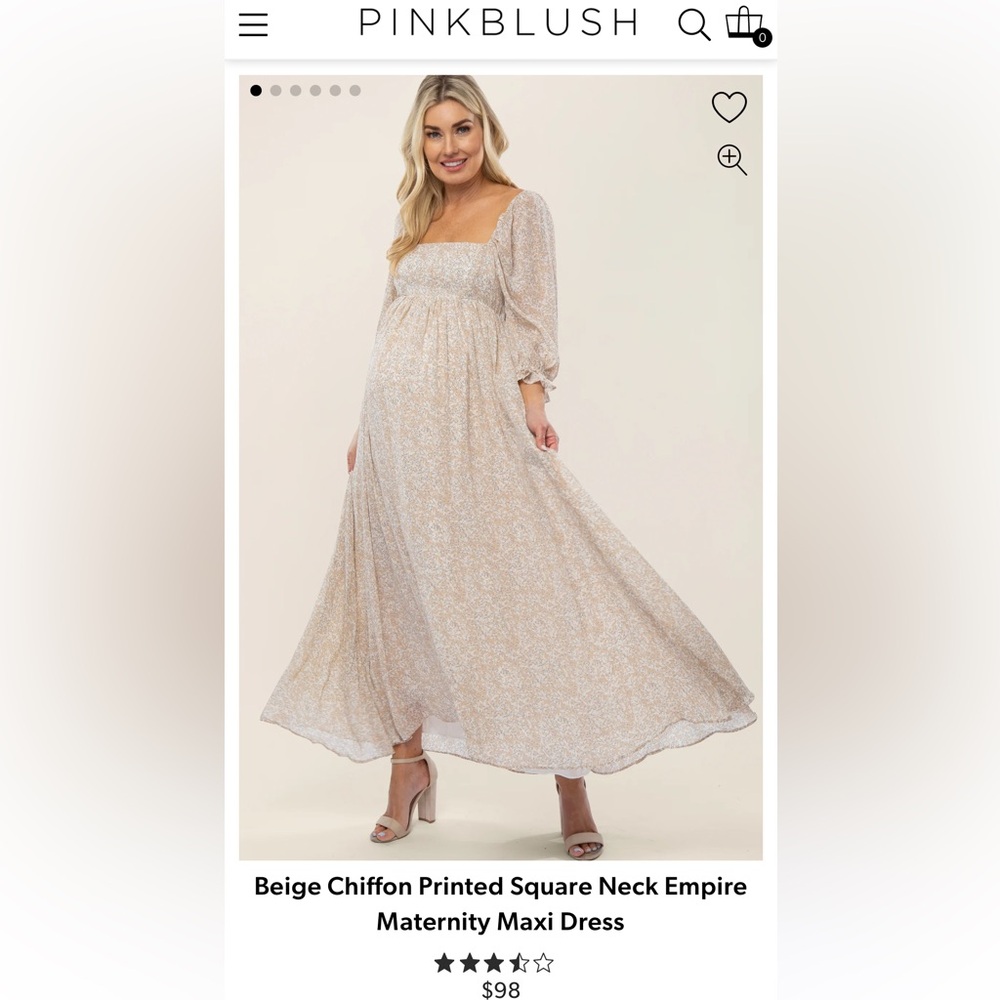 Pink Blush Beige Chiffon Printed Square Neck Empire Maternity Maxi Dress NWT